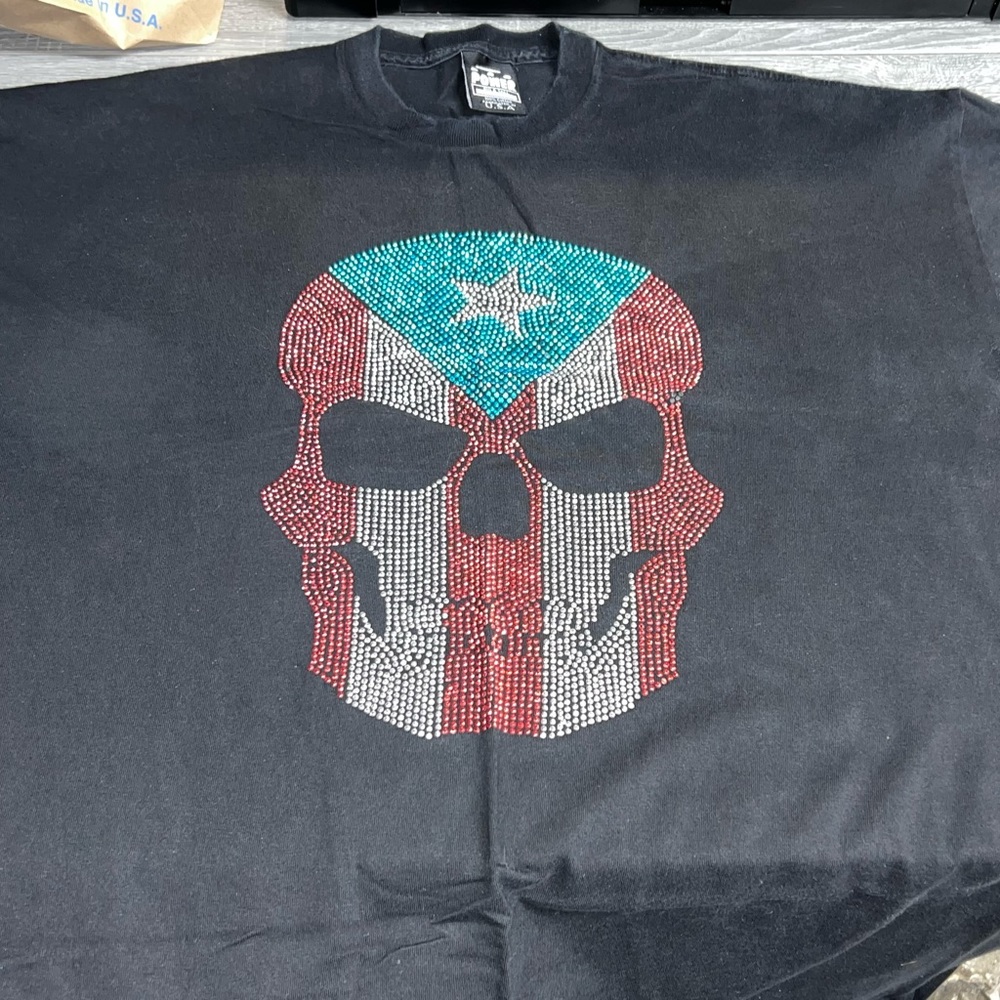 Custom T-Shirt Skull PR Flag Rhinestones 3XL Tall